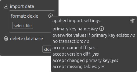 database tools: import panel