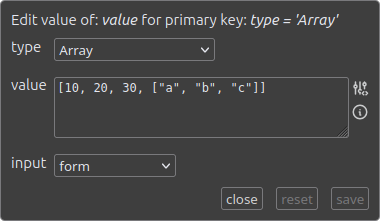 value editor, edited an array value in a form